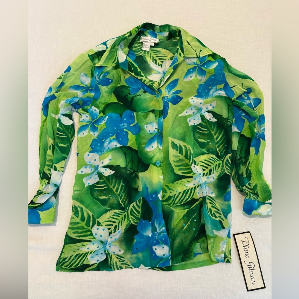 Vintage NWT Diane Gilman Floral Green Blue Sequin Silk Button Down Blouse Large